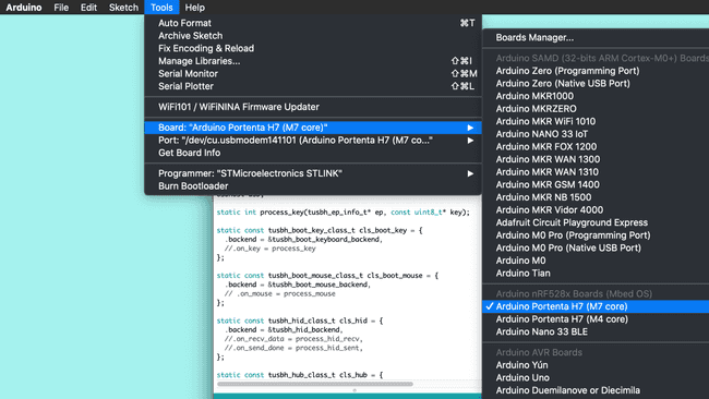 Select the Arduino Portenta H7 (M7 core) in the board selector