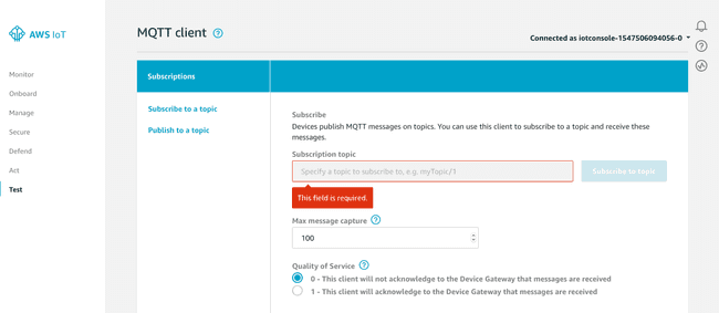 In the AWS IoT Core console, click the "Test" link on the left.