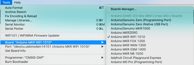 Select the Arduino MKR WiFi 1010