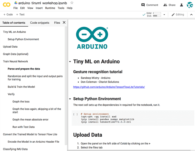 Arduino gesture recognition training collab.