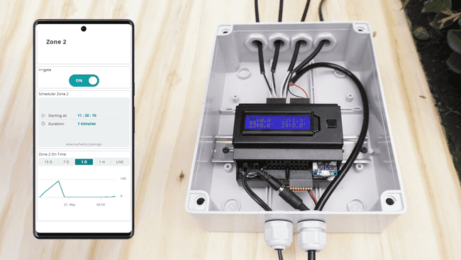 Automatic irrigation timer countdown in zone two (1.4 minutes left)