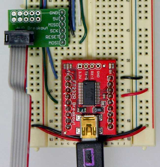 Plug in the USB cable and AVR programming cable